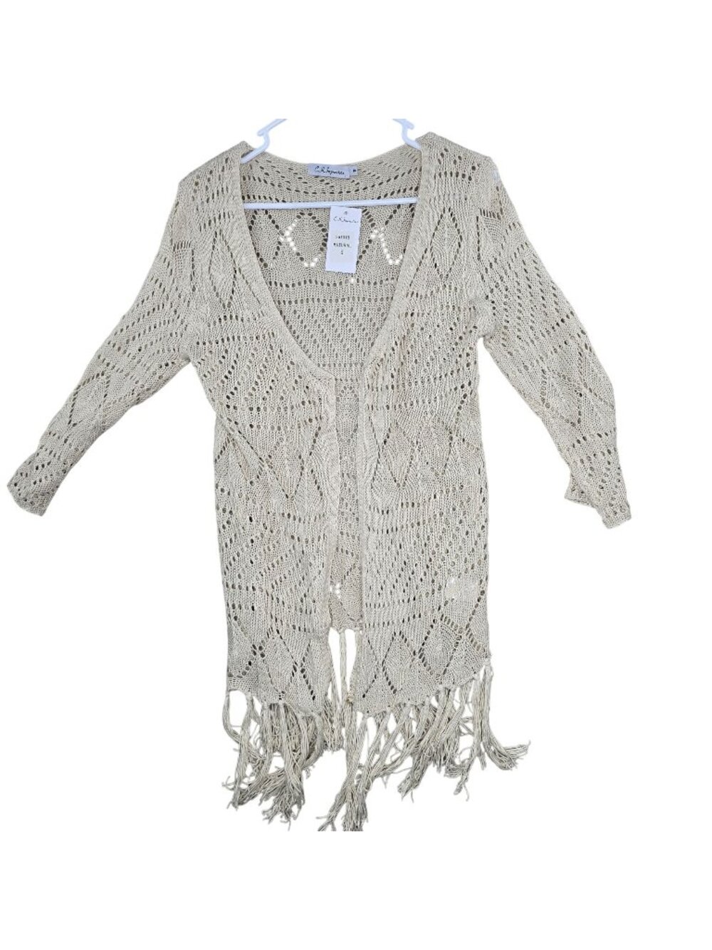 C.H. Impressions Beige Knit Cardigan With Fringe Accents S Cotton/Polyester